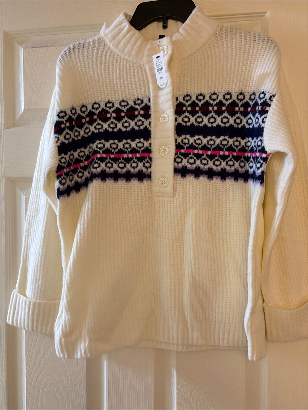 Talbots Cream Knit Cowl-Neck Sweater with Navy and Pink Accent Stripes